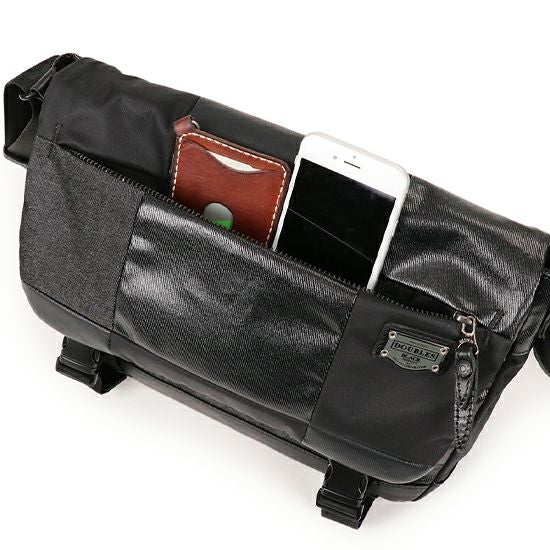 DOUBLES BLACK フラップショルダーバッグ 綿MIX×ナイロン×牛革 JEW