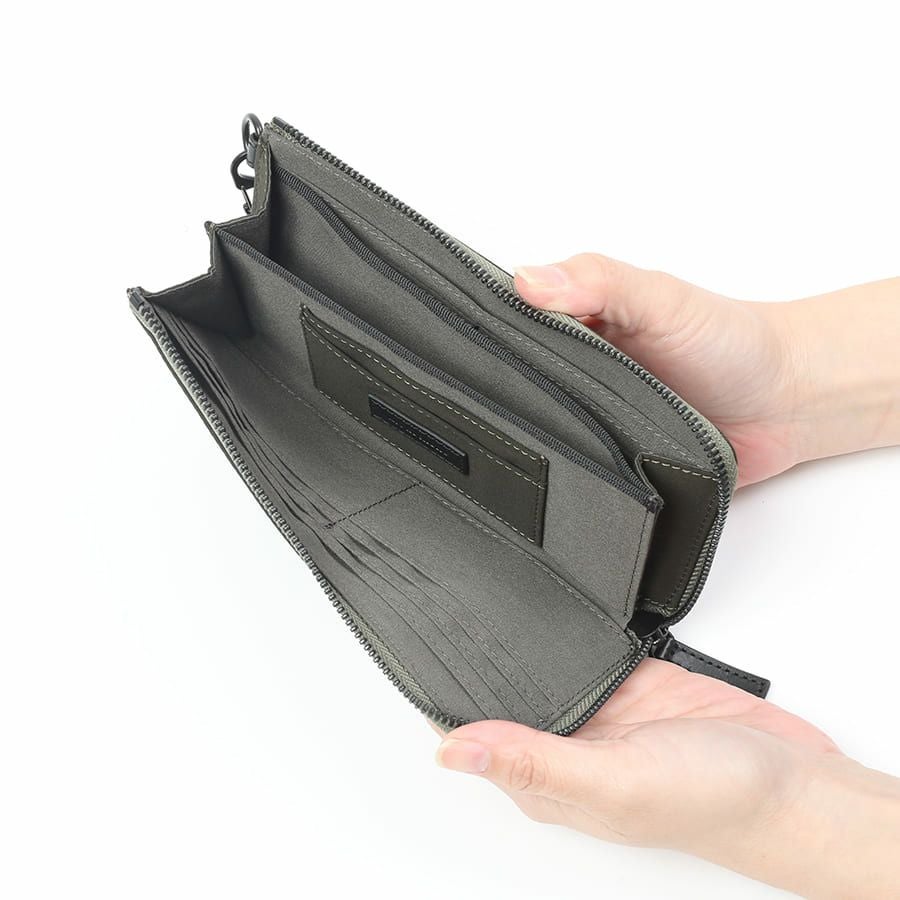 MOUSTACHE カラビナ付きL字ファスナー長財布 撥水ポリエステル×牛革 KXX-4423