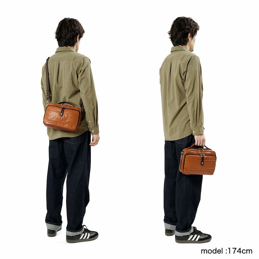 DOUBLES 横型スクエアショルダー 牛革×角シボ型押し牛革×イタリアンヌメ牛革 BKS-7042