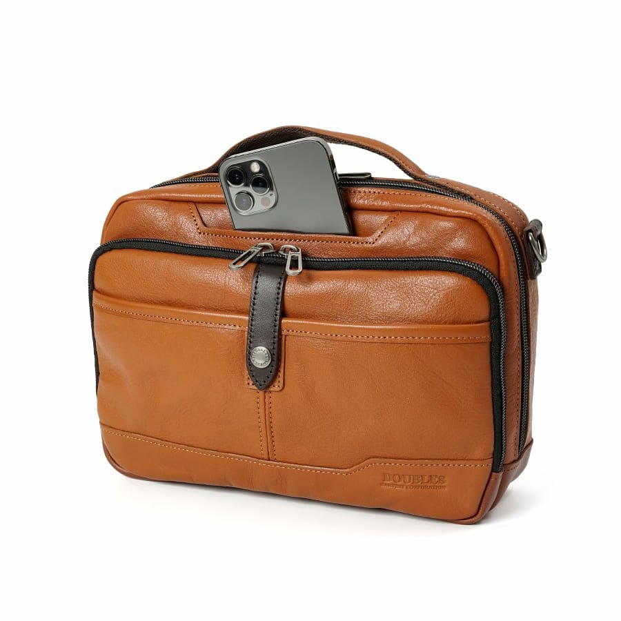 DOUBLES 横型スクエアショルダー 牛革×角シボ型押し牛革×イタリアンヌメ牛革 BKS-7042